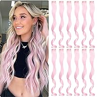 Colored Hair Extensions 12 PCS 20 Inch Light Pink Clip in Hair Extensions Rainbow One Color Party Highlight Long Wavy Synthetic Hairpiece for Women Gifts Halloween Party
