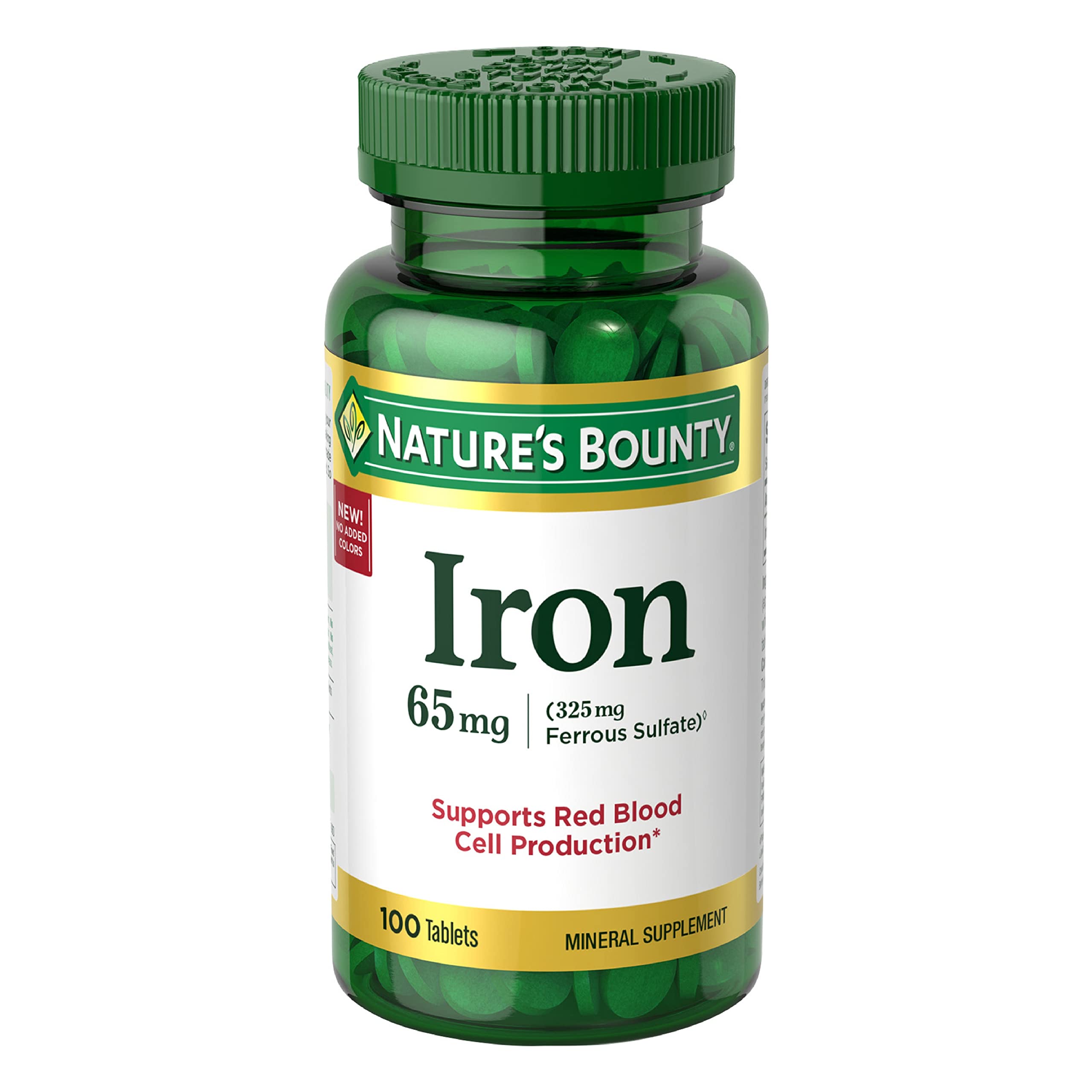 Nature’s Bounty Iron 65mg, 325 mg Ferrous Sulfate, Cellular Energy Support, Promotes Normal Red Blood Cell Production, 100 Tablets