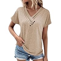 Henley Shirt,Womens Tops Summer Button Solid Color Ruched Short Sleeve Loose Shirts Basic Dressy Blouse Ladies 2024 Outfits Summer Tops