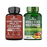 Super-Absorb Multi Collagen Pills (Type I II III V X) Organic Herbs and Bioperine + Whole Food Multivitamin for Men - Natural Multi Vitamins, Minerals, Organic Extracts Bundle