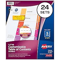 Avery 5 Tab Dividers for 3 Ring Binders, Customizable Table of Contents, Multicolor Tabs, 24 Sets (11167)
