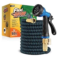 Flexi Hose with 8 Function Nozzle Expandable Garden Hose, Lightweight & No-Kink Flexible Garden Hose, 3/4 inch Solid Brass Fittings and Double Latex Core, 50 ft Blue Black