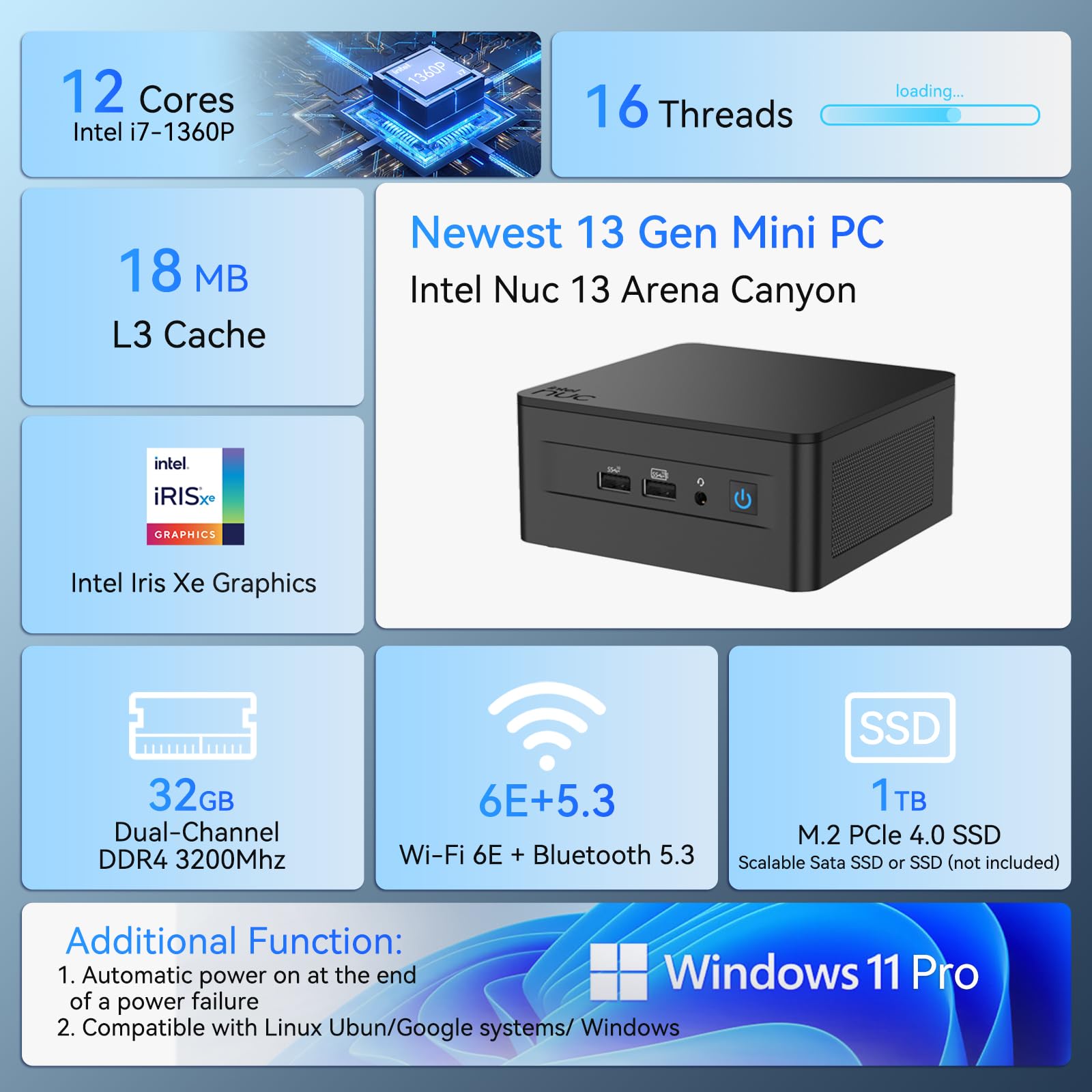 Intel NUC 13 Pro, Arena Canyon Mini Pc with 13th Gen Core i7-1360P (12C/16T & Up to 5.0GHz), 32GB DDR4 RAM & 1TB NVMe SSD, Support 8K, WiFi6E, BT5.3, 2 x Thunderbolt 4, Windows 11 Pro, 18M Cache
