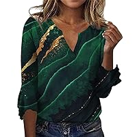 Womens Tops 3/4 Sleeve Shirt Casual Marble Print T Shirts Sexy V Neck Loose Blouses Tunic Top Quarter Sleeve Blouse