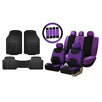 Light & Breezy Cloth Full Set Car Seat Covers (Purple/Black) Combo Set: Steering Wheel Cover, Seat Belt Pads and Black Vinyl Floor Mats – Universal Fit for Cars Trucks & SUVs