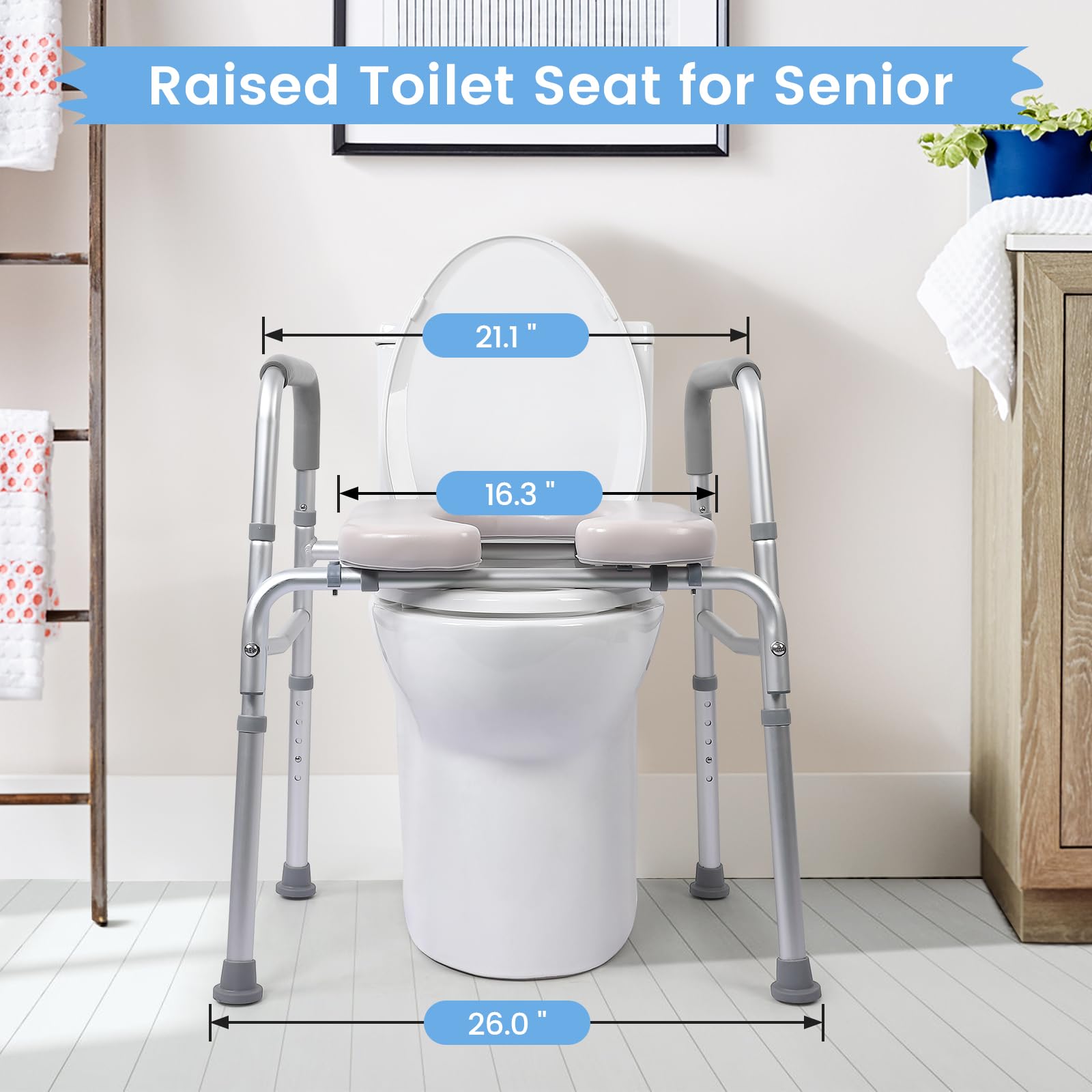 Raised Toilet Seat, 350LB Stand Alone Homecare Commode Bathroom Assist Frame for Elderly, Handicapped, Disabled, Adjustable Height, Padded Seat