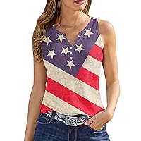 4th of July Tank Tops Women American Flag Shirt 2024 Summer Patriotic Henley Sleeveless Shirts Button Vneck Tanks