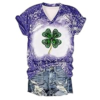 St Patrick's Day Bleached Shirts for Women Green Lip Printed Short Sleeve Striped Shirt Funny Irish Holiday T-Shirt