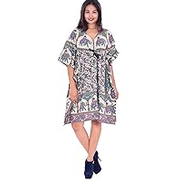 Indian 100% Cotton Women Cocktail Dress Elephant Print Multi Color Kaftan Kimono Sleeve Hippie Boho (XL)