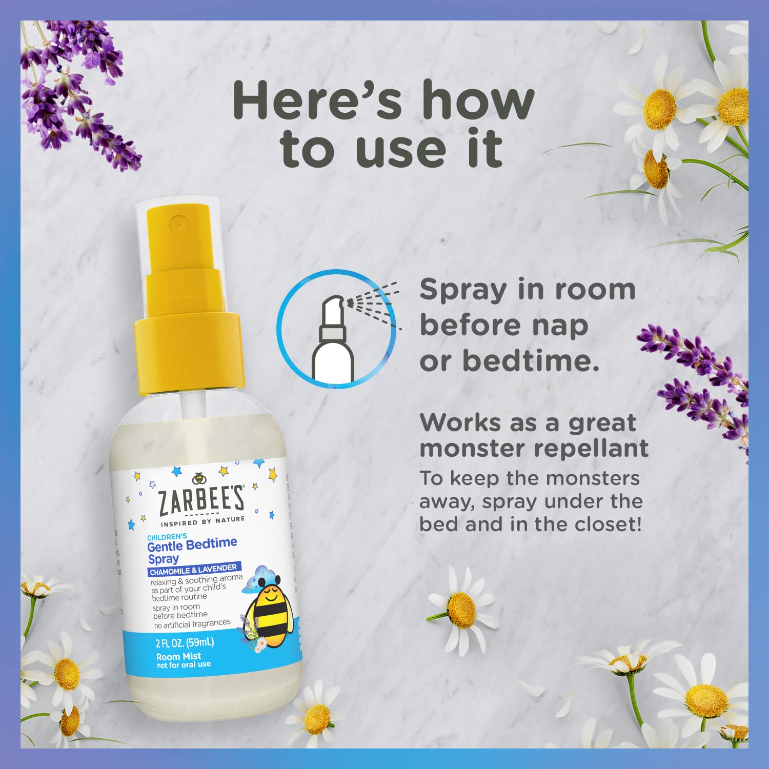 Zarbee's Gentle Bedtime Kids Sleep Spray, Chamomile & Lavender Room Spray Helps Create a Calming Atmosphere to Prepare for Sleep, 2oz