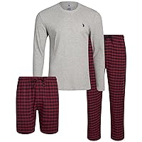 U.S. Polo Assn. Men's Pajama Set - 3 Piece Waffle Knit Long Sleeve T-Shirt, Flannel Lounge Pants, and Shorts