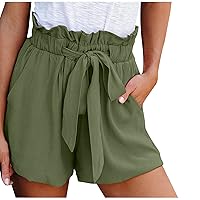 Womens Summer Shorts Ruffle Belted Elastic Waist Shorts with Pockets Lightweight Baggy Shorts Plus Size Lounge Shorts