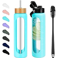 32 oz Glass Water Bottles - 1 Liter Motivational Tumbler Water Bottle Time Marker - Borosilicate Glass Water Bottle With Silicone Sleeve and 2 Lids, Handle Spout & Bamboo Straw Lid