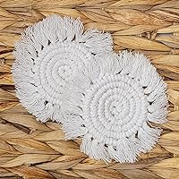 Mini Macrame 100% Cotton Car Coasters Handmade in India - Set of 2 Elegant and Absorbent 3-inch Round Woven Boho Coaster Set with Fringe Tassels for Cup Holders (Natural)