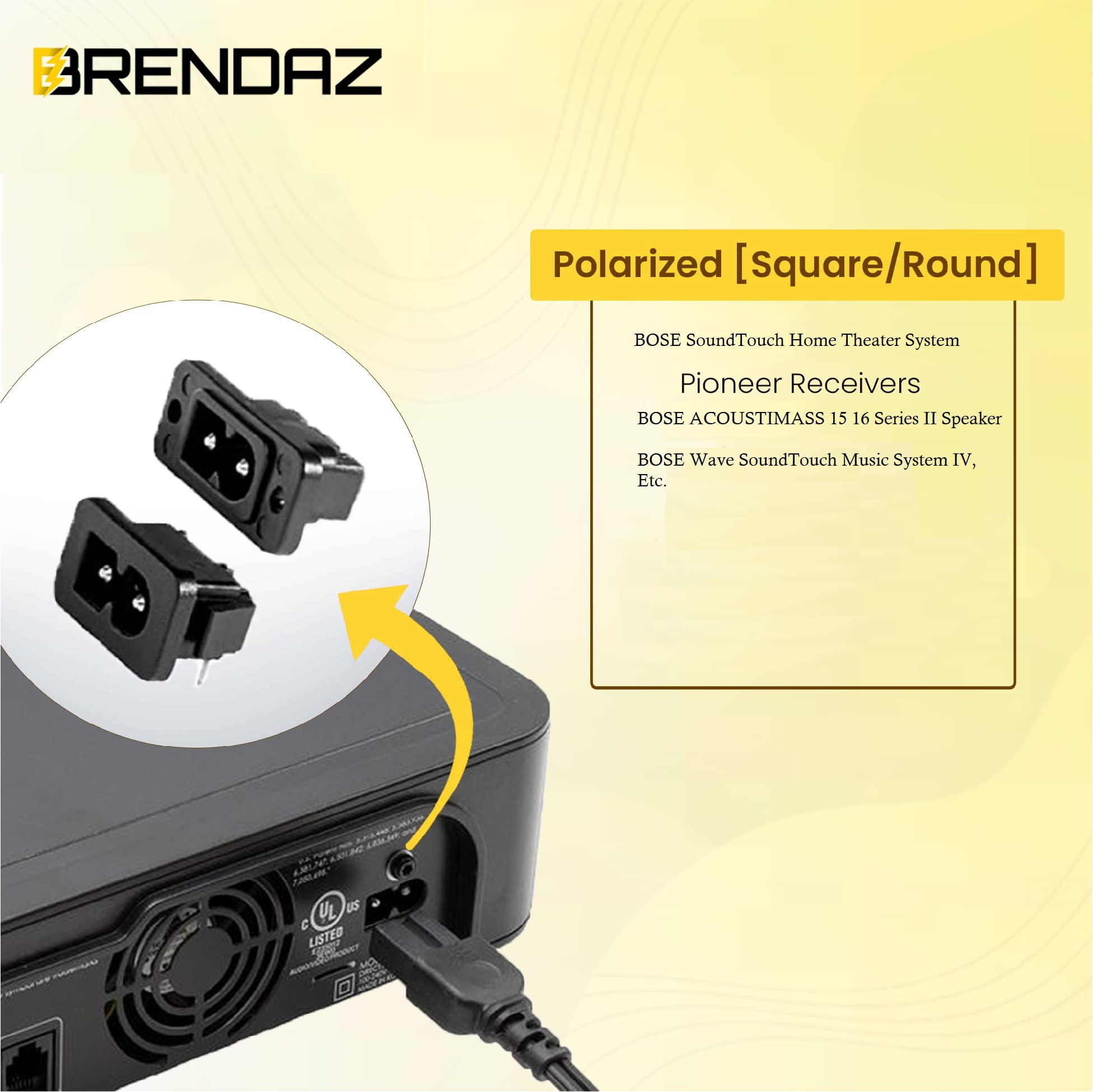 BRENDAZ - AC Polarized Power Cord for Bose SoundTouch 520 Home Theater System, SA-5 Amplifier, Companion 3, 5 Multimedia Speaker System, CineMate 15 Home Theater Speaker System (15-Feet)