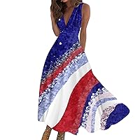 Women's Long Dress Maxi Casual Summer Sleeveless V Neck Boho Waist Retraction Printed Dress, S-3XL