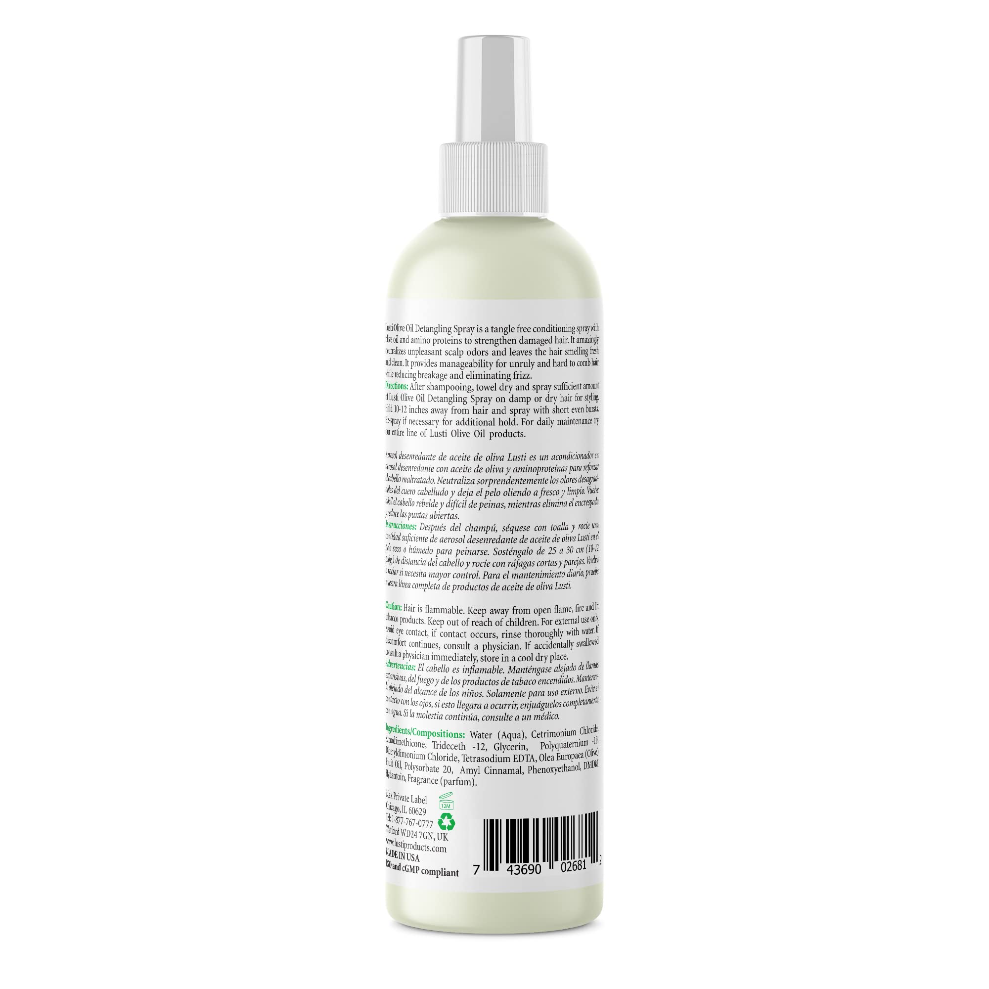 Lusti Olive Oil Detangling Spray, 12 fl oz - Anti-Frizz - Strengthen Damaged Hair - Reducing Breakage - Enriched with Amino Proteins