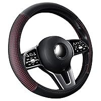 Car Steering Wheel Cover, Universal 15 Inches PU Leather Steering Wheel Cover, Stylish Anti-Slip, Black with Red Dots