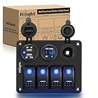 Nilight - 90117G 4 Gang Rocker Switch Panel Waterproof Pre-Wired Aluminum Switch Panel with Dual USB Cigarette Lighter Socket Voltmeter12V-24V DC ON Off Switch Panel for Cars Rvs Trucks, Blue