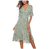 Women's Beach Swing Short Sleeve Knee Length Print V-Neck Trendy Glamorous Casual Loose-Fitting Summer Flowy Dress