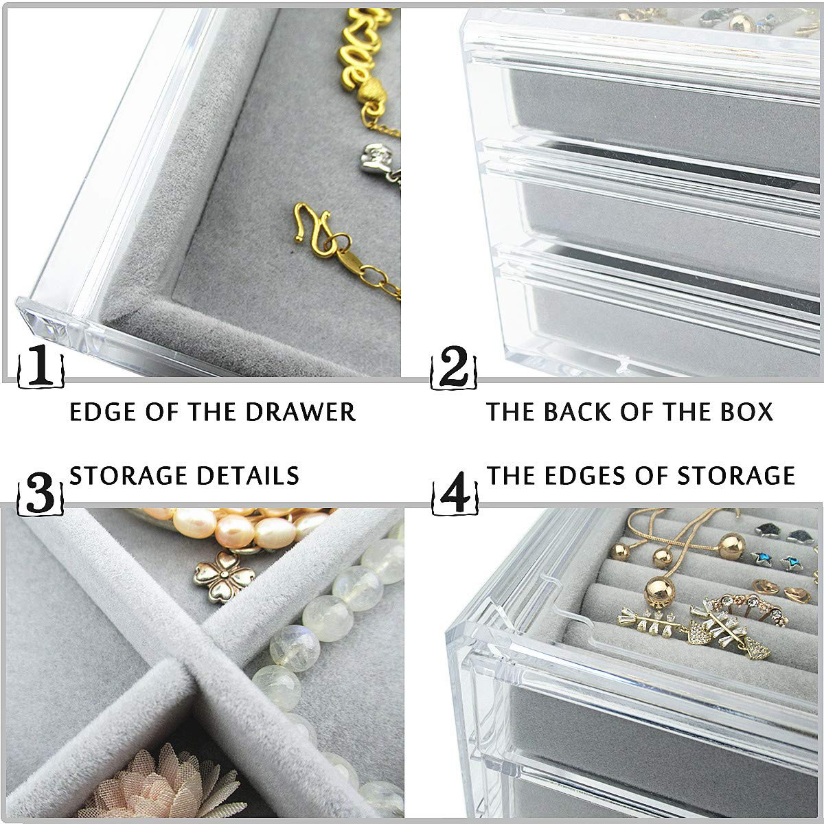 Acrylic Jewelry Box 3 Drawers, Velvet Jewellery Organizer, Earring Rings Necklaces Bracelets Display Case Gift for Women, Girls