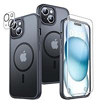 TAURI 5 in 1 Magnetic Case for iPhone 15 Plus [Military Grade Drop Protection] with 2X Screen Protector + 2X Camera Lens Protector, Translucent Matte Slim Fit for iPhone 15 Plus Case Mag-Safe-Black