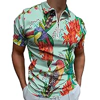 Watercolor Exotic Birds and Flowers Polo Shirt for Men Casual Tennis T-Shirt Zipper Collar Golf Tops Funny Print
