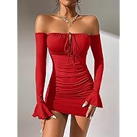 Fall Dresses for Women 2023 Off Shoulder Knot Front Ruched Bodycon Dress Dresses for Women (Color : Red, Size : Small)