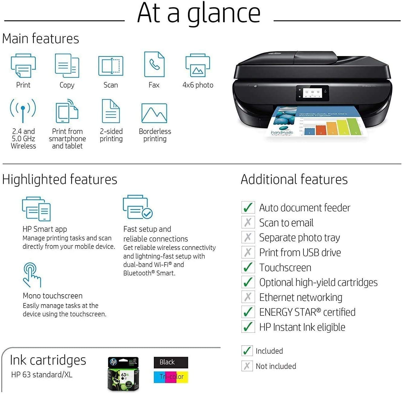 HP OfficeJet 5255 Wireless All-in-One Color Printer, HP Instant Ink, Works with Alexa (M2U75A)