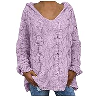 Women Cable Knit Chunky Jumper Tops with Hood Casual Loose Long Sleeve Pullover Sweater Fall Winter Solid Tunic Tops
