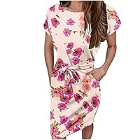 Dresses for Women Floral Printed Short Sleeve T Shirt Dress Summer Crewneck Basic Tie Waist Beach Sundress with Pocket