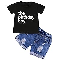 Viworld The Birthday Boy Clothes Baby Boy Short Sleeve Letter Print Shirt Denim Short Pants Cake Smash Outfit Set