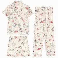 Women's Pajamas Set 3 Piece Cute Print Short Sleeve Sleepwear with Long Pants and Short Pants