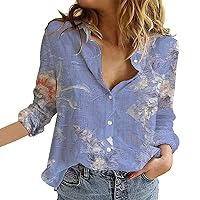 Womens 2024 Casual Floral Button Down Blouses Long Sleeve Summer Boho Tops Linen Shirts for Women Beach Spring Fashion