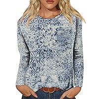 Fall Tops for Women Vintage Flower Print Casual Shirts Crewneck Long Sleeve Trendy Tee Blouses Teen Girl Clothes