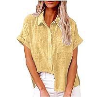 Lightning Deals of Today Womens Short Sleeve Button Down Shirt Collared V Neck Blouse Summer Cotton Linen Tops Loose Fit Casual Dressy Clothes Blusas de Vestir para Mujer