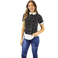 Wholesale Womens Polyester Black Polka Dot White Сollar Blouse with Sleeve Tie, 6 Pieces (1S, 2M, 2L, 1XL) Pack of 1