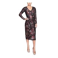 Christian Siriano Womens Stretch Zippered Ruched Long Sleeve V Neck Below The Knee Evening Sheath Dress