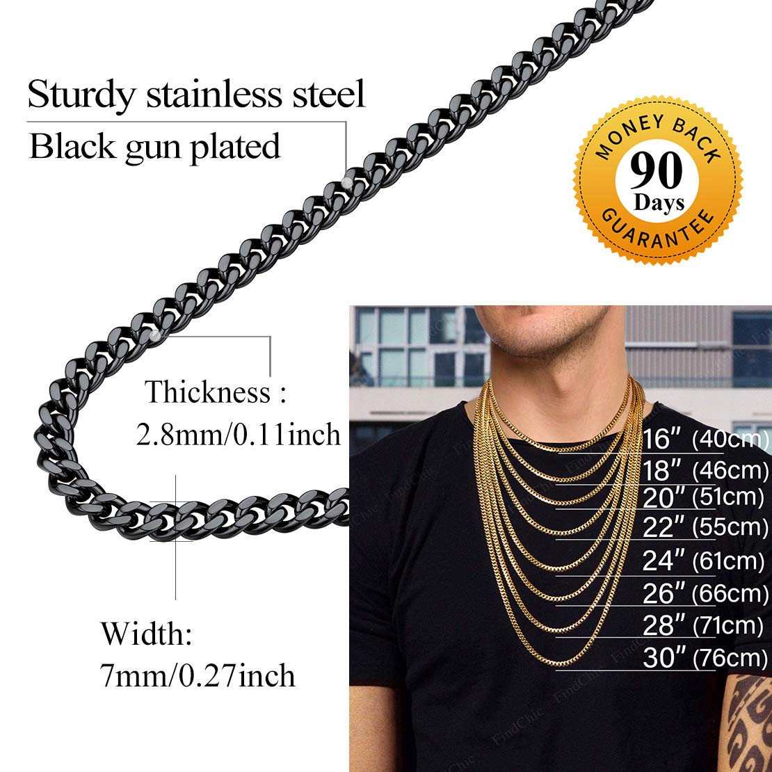 FindChic Men Curb Chain Necklace 18K Gold Plated/Stainless Steel/Black Chunky Double Tight Cuban Link Hip Hop Neck Chains for Men Boys 3.5MM/5MM/6MM/7MM/9MM/12MM 14''-30'' 8 Length Options (Send Gift Box)