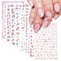 Flower Nail Art Stickers Decal 8 Sheets Pink Cherry Blossoms Nail Stickers 3D Self Adhesive Beautiful Petals Leaf Nail Art Design Supplies for Acrylic Nail Women Girls Manicure DIY Supplies