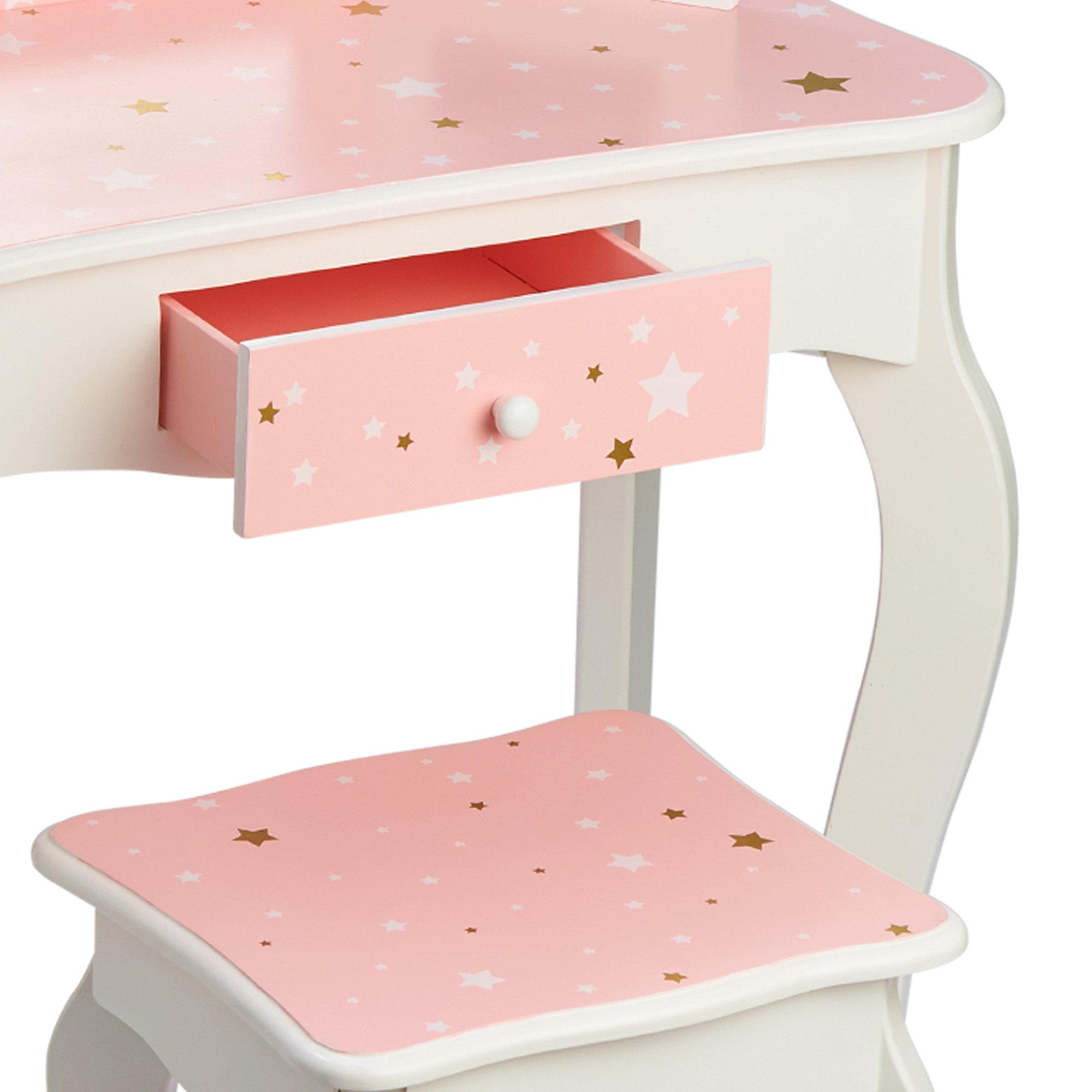 Teamson Kids Pretend Play Kids Vanity, Table & Chair Vanity Set with Mirror, Girls Makeup Dressing Table with Storage Drawer & Twinkle Stars Print, Gisele Collection, Pink/White