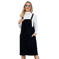 Flygo Women's Corduroy Jumper Overall Pinafore Midi Dress Skirt with Pockets