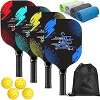 Pickleball Set with 4 Premium Wood Paddles, Cushion Comfort Grip, 4 Cooling Towels, 4 Pickleball Balls & Carry Bag, Gifts for Men Women