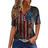 American Independence Day Patriotic Top, Red, Blue and White Striped Star Print T-Shirt Basic Short-Sleeved Button-Down Top