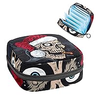 Sanitary Napkin Storage Bag Skull Smoking Menstrual Period Holder Bag Portable with Zipper for Teen Girls Women Ladies Travel Outdoor