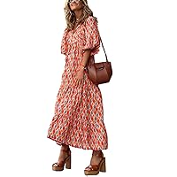 Women Fall Floral Print Puff Sleeve Maxi Dress Boho Floral Midi Dresses Plus Size Elegant Ladies V Neck Dress Summer