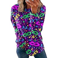 Women's Mardi Gras Sweatshirt Fashion Casual Mask Print Round Neck Pullover Long Sleeve Top Outfit, S-3XL