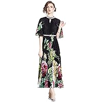 LAI MENG FIVE CATS Women's Elegant Pleated 1/2 Sleeves Print Maxi Casual Flowy Dress