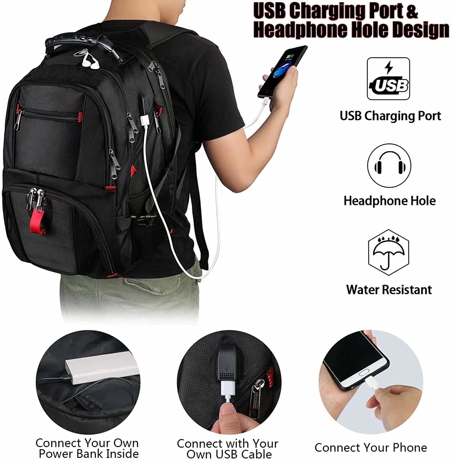 YOREPEK Travel Backpack & Soccer Backpack, Lightweight Soccer Bag with Ball Holder, Extra Large 50L Laptop Backpacks for Men Women, Water resistant Bag, Black