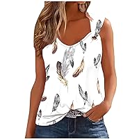 Cute Summer Tank Tops for Women Feather Print Tee Outfits Casual Sleeveless Shirt Loose O Ring Shoulder Blouse